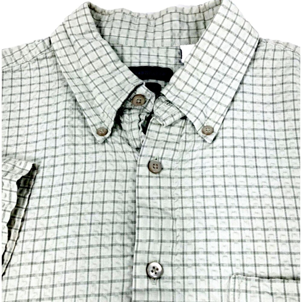 Van Heusen Studio Shirt Textured Green Plaid L 16 16.5 Cotton Butn Preppy Career